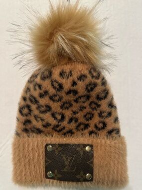 Custom Upcycled Knit Beanie with Louis Vuitton Leather Patch